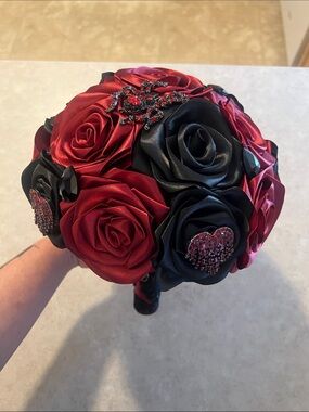 Gothic Red and Black Satin Rose Bouquet with Rhinestone Accents